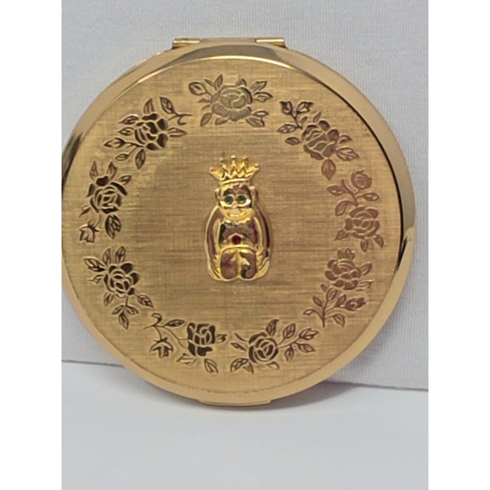 Vintage Stratton England Powder Compact Gold Tone Billiken W/ Rhinestones